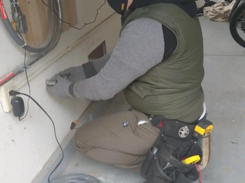 Electrician performing outlet wiring in a Cornville garage